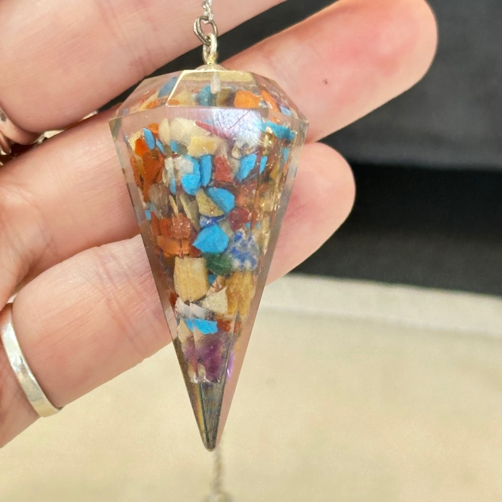 Pendulum, Silver Tone 7” Chain w/Orgone Stone, Diamond Shaped Pendulum
